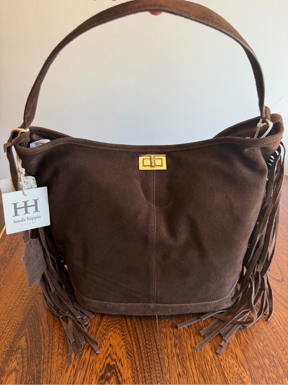 Haute Hippie Dark Brown Suede Fringe Shoulder Bag W/Crossbody Strap
